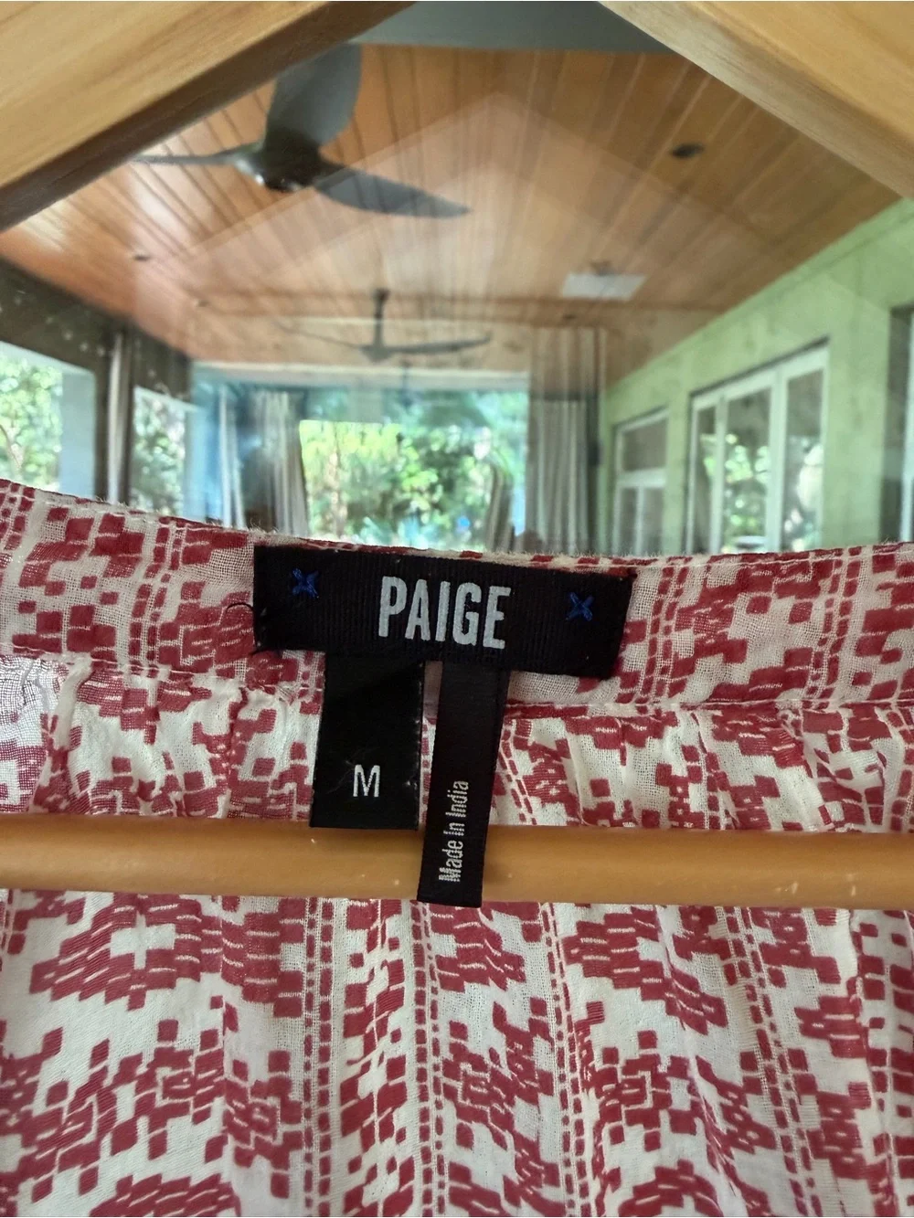 PAIGE Red and White Printed Long-Sleeve V-Neck Blouse